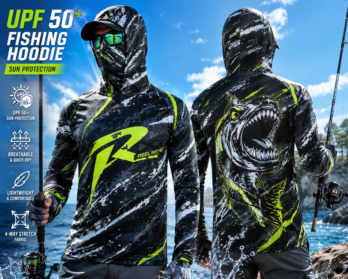 Fishing Mask Sun Protection - Koszulka wędkarska z długim rękawem, chroniąca